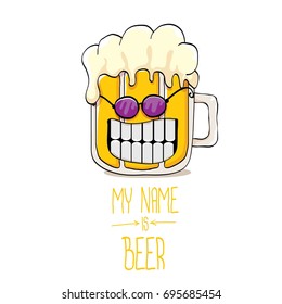 vector cartoon funky beer glass character with sunglasses isolated on white background.vector beer fest comic label or poster design template. my name is beer or happy friday concept illustration
