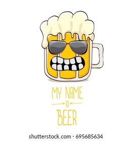vector cartoon funky beer glass character with sunglasses isolated on white background.vector beer fest comic label or poster design template. my name is beer or happy friday concept illustration