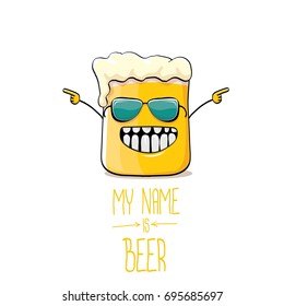 vector cartoon funky beer glass character with sunglasses isolated on white background.vector beer fest comic label or poster design template. my name is beer or happy friday concept illustration