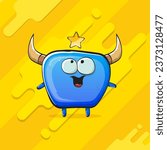 Vector cartoon funky blue monster with horn isolated on yellow background. Smiling silly blue  monster print sticker design template. Ghost, troll, gremlin, goblin, devil and monster