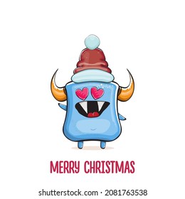 Vector cartoon funky blue monster with Santa Claus red hat isolated on white background. Childrens Merry Christmas greeting card with funny monster elf Santa Claus.