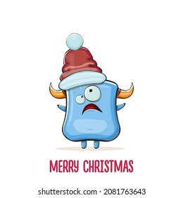 Vector cartoon funky blue monster with Santa Claus red hat isolated on white background. Childrens Merry Christmas greeting card with funny monster elf Santa Claus.