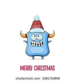 Vector cartoon funky blue monster with Santa Claus red hat isolated on white background. Childrens Merry Christmas greeting card with funny monster elf Santa Claus.