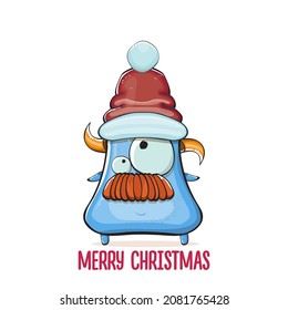 Vector cartoon funky blue monster with Santa Claus red hat isolated on white background. Childrens Merry Christmas greeting card with funny monster Santa Claus.