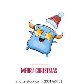Vector cartoon funky blue monster with Santa Claus red hat isolated on white background. Childrens Merry Christmas greeting card with funny monster Santa Claus.