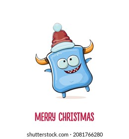 Vector cartoon funky blue monster with Santa Claus red hat isolated on white background. Childrens Merry Christmas greeting card with funny monster Santa Claus.