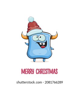 Vector cartoon funky blue monster with Santa Claus red hat isolated on white background. Childrens Merry Christmas greeting card with funny monster Santa Claus.