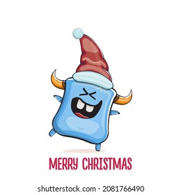 Vector cartoon funky blue monster with Santa Claus red hat isolated on white background. Childrens Merry Christmas greeting card with funny monster Santa Claus.