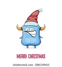 Caricatura vectorial monstruo azul funky con sombrero rojo de Santa Claus aislado de fondo blanco. Niños Feliz tarjeta de felicitación navideña con el gracioso monstruo de Santa Claus.