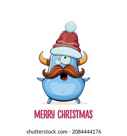 Vector cartoon funky blue monster with Santa Claus red hat isolated on white background. Childrens Merry Christmas greeting card with funny monster Santa Claus.