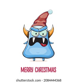Vector cartoon funky blue monster with Santa Claus red hat isolated on white background. Childrens Merry Christmas greeting card with funny monster Santa Claus.