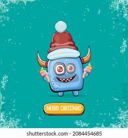 Vector cartoon funky blue monster with Santa Claus red hat holding ice cream isolated on turquoise background. Childrens Merry Christmas greeting card with funny monster elf Santa Claus.