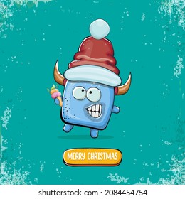 Vector cartoon funky blue monster with Santa Claus red hat holding ice cream isolated on turquoise background. Childrens Merry Christmas greeting card with funny monster elf Santa Claus.