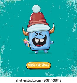 Vector cartoon funky blue monster with Santa Claus red hat holding ice cream isolated on turquoise background. Childrens Merry Christmas greeting card with funny monster elf Santa Claus.