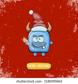 Vector cartoon funky blue monster with Santa Claus red hat holding ice cream isolated on red background. Childrens Merry Christmas greeting card with funny monster elf Santa Claus.