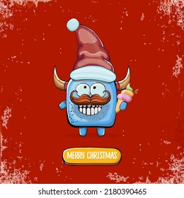 Vector cartoon funky blue monster with Santa Claus red hat holding ice cream isolated on red background. Childrens Merry Christmas greeting card with funny monster elf Santa Claus.