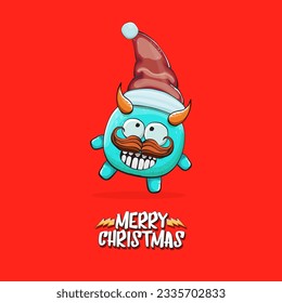Vector cartoon funky blue monster with Santa Claus red hat isolated on red christmas background. Childrens Merry Christmas greeting card with funny monster minion elf Santa Claus.