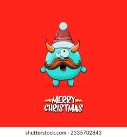 Vector cartoon funky blue monster with Santa Claus red hat isolated on red christmas background. Childrens Merry Christmas greeting card with funny monster minion elf Santa Claus.