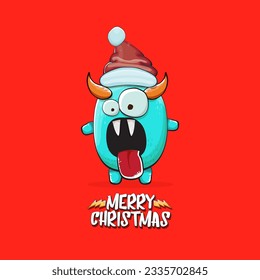 Vector cartoon funky blue monster with Santa Claus red hat isolated on red christmas background. Childrens Merry Christmas greeting card with funny monster minion elf Santa Claus.