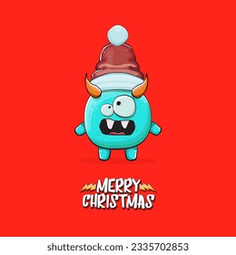 Vector cartoon funky blue monster with Santa Claus red hat isolated on red christmas background. Childrens Merry Christmas greeting card with funny monster minion elf Santa Claus.