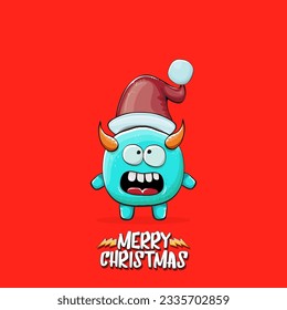 Vector cartoon funky blue monster with Santa Claus red hat isolated on red christmas background. Childrens Merry Christmas greeting card with funny monster minion elf Santa Claus.
