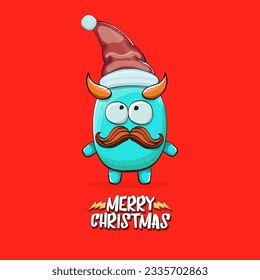 Vector cartoon funky blue monster with Santa Claus red hat isolated on red christmas background. Childrens Merry Christmas greeting card with funny monster minion elf Santa Claus.