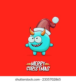 Vector cartoon funky blue monster with Santa Claus red hat isolated on red christmas background. Childrens Merry Christmas greeting card with funny monster minion elf Santa Claus.