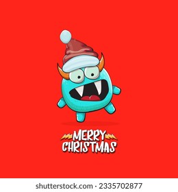 Vector cartoon funky blue monster with Santa Claus red hat isolated on red christmas background. Childrens Merry Christmas greeting card with funny monster minion elf Santa Claus.