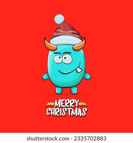 Vector cartoon funky blue monster with Santa Claus red hat isolated on red christmas background. Childrens Merry Christmas greeting card with funny monster minion elf Santa Claus.