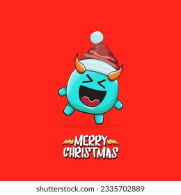 Vector cartoon funky blue monster with Santa Claus red hat isolated on red christmas background. Childrens Merry Christmas greeting card with funny monster minion elf Santa Claus.