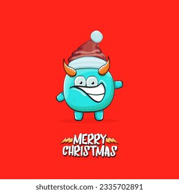 Vector cartoon funky blue monster with Santa Claus red hat isolated on red christmas background. Childrens Merry Christmas greeting card with funny monster minion elf Santa Claus.