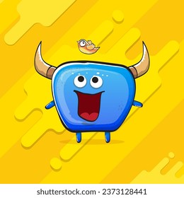 Vector cartoon funky blue monster with horn isolated on yellow background. Smiling silly blue  monster print sticker design template. Ghost, troll, gremlin, goblin, devil and monster