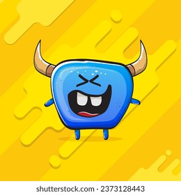 Vector cartoon funky blue monster with horn isolated on yellow background. Smiling silly blue  monster print sticker design template. Ghost, troll, gremlin, goblin, devil and monster