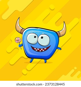 Vector cartoon funky blue monster with horn isolated on yellow background. Smiling silly blue  monster print sticker design template. Ghost, troll, gremlin, goblin, devil and monster