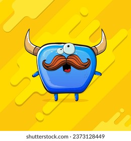 Vector cartoon funky blue monster with horn isolated on yellow background. Smiling silly blue  monster print sticker design template. Ghost, troll, gremlin, goblin, devil and monster