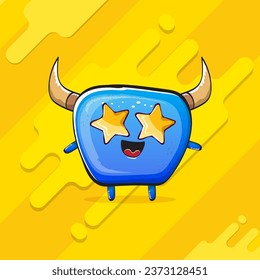 Vector cartoon funky blue monster with horn isolated on yellow background. Smiling silly blue  monster print sticker design template. Ghost, troll, gremlin, goblin, devil and monster