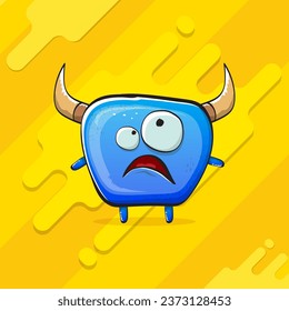 Vector cartoon funky blue monster with horn isolated on yellow background. Smiling silly blue  monster print sticker design template. Ghost, troll, gremlin, goblin, devil and monster