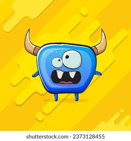 Vector cartoon funky blue monster with horn isolated on yellow background. Smiling silly blue  monster print sticker design template. Ghost, troll, gremlin, goblin, devil and monster