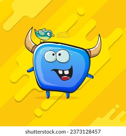 Vector cartoon funky blue monster with horn isolated on yellow background. Smiling silly blue  monster print sticker design template. Ghost, troll, gremlin, goblin, devil and monster