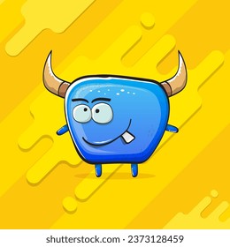 Vector cartoon funky blue monster with horn isolated on yellow background. Smiling silly blue  monster print sticker design template. Ghost, troll, gremlin, goblin, devil and monster