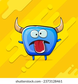 Vector cartoon funky blue monster with horn isolated on yellow background. Smiling silly blue  monster print sticker design template. Ghost, troll, gremlin, goblin, devil and monster