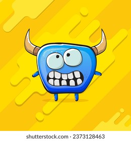 Vector cartoon funky blue monster with horn isolated on yellow background. Smiling silly blue  monster print sticker design template. Ghost, troll, gremlin, goblin, devil and monster