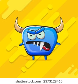 Vector cartoon funky blue monster with horn isolated on yellow background. Smiling silly blue  monster print sticker design template. Ghost, troll, gremlin, goblin, devil and monster