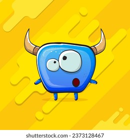 Vector cartoon funky blue monster with horn isolated on yellow background. Smiling silly blue  monster print sticker design template. Ghost, troll, gremlin, goblin, devil and monster