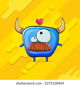 Vector cartoon funky blue monster with horn isolated on yellow background. Smiling silly blue  monster print sticker design template. Ghost, troll, gremlin, goblin, devil and monster