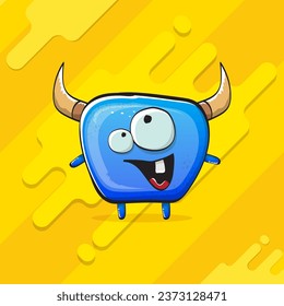 Vector cartoon funky blue monster with horn isolated on yellow background. Smiling silly blue  monster print sticker design template. Ghost, troll, gremlin, goblin, devil and monster