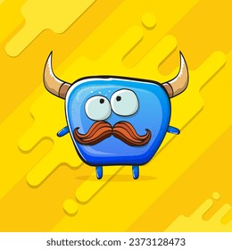 Vector cartoon funky blue monster with horn isolated on yellow background. Smiling silly blue  monster print sticker design template. Ghost, troll, gremlin, goblin, devil and monster