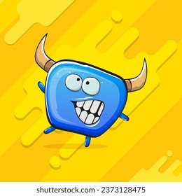 Vector cartoon funky blue monster with horn isolated on yellow background. Smiling silly blue  monster print sticker design template. Ghost, troll, gremlin, goblin, devil and monster