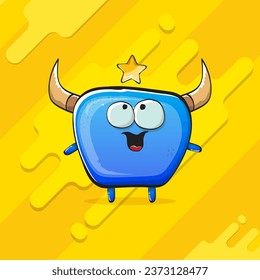 Vector cartoon funky blue monster with horn isolated on yellow background. Smiling silly blue  monster print sticker design template. Ghost, troll, gremlin, goblin, devil and monster