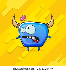 Vector cartoon funky blue monster with horn isolated on yellow background. Smiling silly blue  monster print sticker design template. Ghost, troll, gremlin, goblin, devil and monster